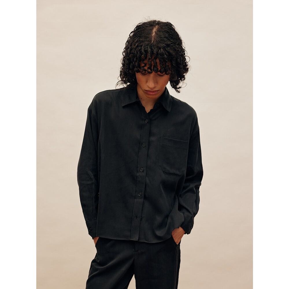 Djerf Avenue On The Go Ash Black Cupro Cotton Button Down Blouse Women's size XS